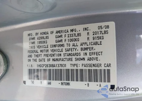 2008 Honda Accord 2.4 Lx из США, поврежденный, VIN 1HGCP263X8A137931